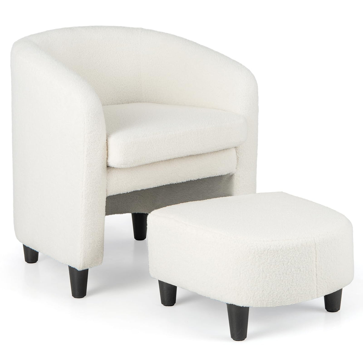 Giantex Modern Mid Century Accent Chair With Ottoman, Upholstered Sherpa Chair W/Footrest, Soft Teddy Velvet, Solid Wood Frame, Barrel Club Chair For Small Spaces, Living Room, Bedroom (Beige)