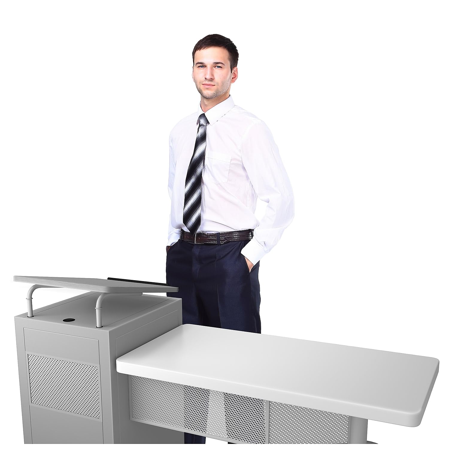 Oklahoma Sound Edupod Series Adjustable 37-Inch -45-Inch H, Teacher'S Desk Lectern Combo, Grey Hammer Tone (Edpd)