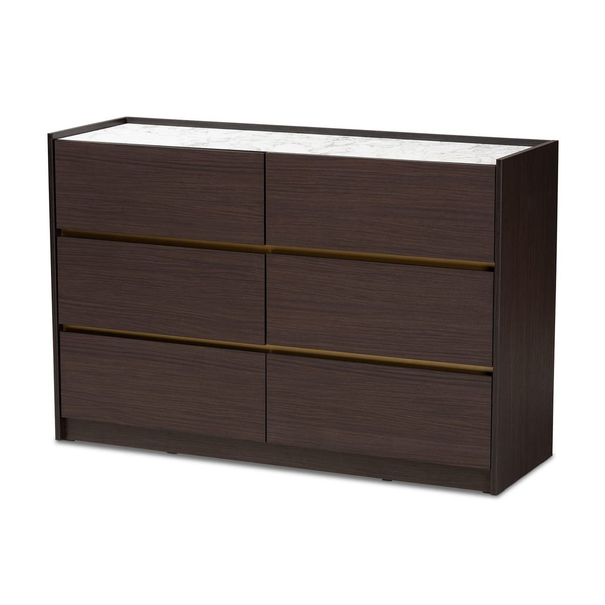 Baxton Studio Walker Modern and Contemporary Dark Brown and Gold Finished Wood 6-Drawer Dresser with Faux Marble Top