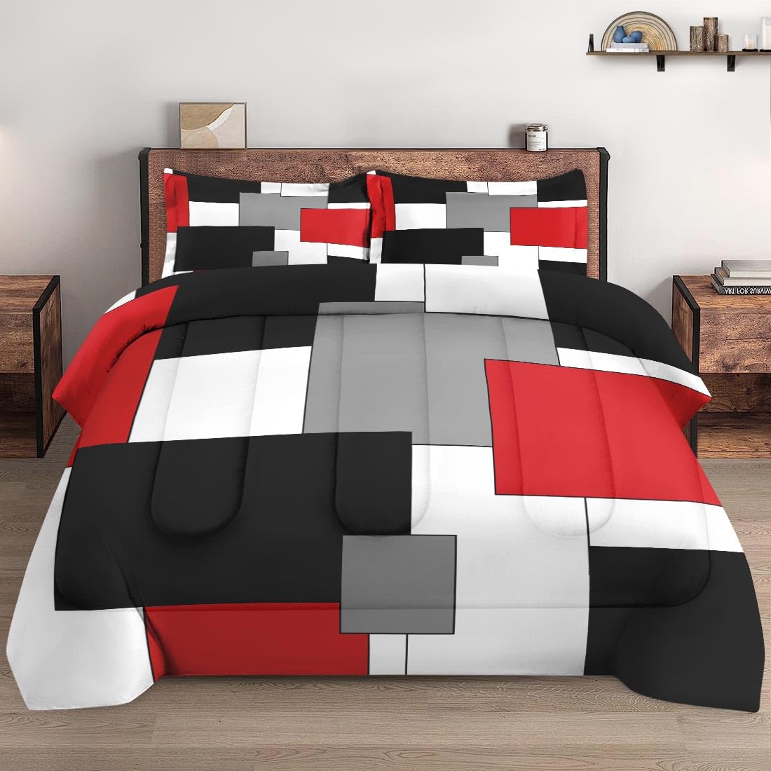 Wecozy Full Size Comforter Set With 2 Pillowcases, Black White Red Geometric Soft 3 Pcs Bedding For Kids And Adults Bedroom Bed