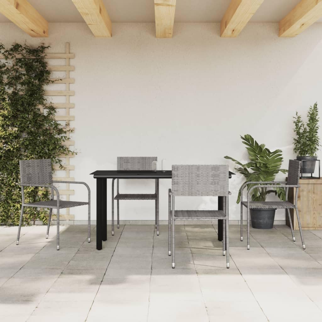vidaXL 5 Piece Patio Dining Set - Gray/Black Poly Rattan & Steel - Rectangular 55.1x27.6 Tempered Glass Table / 20.1x23.6x34.3 Stackable Chairs