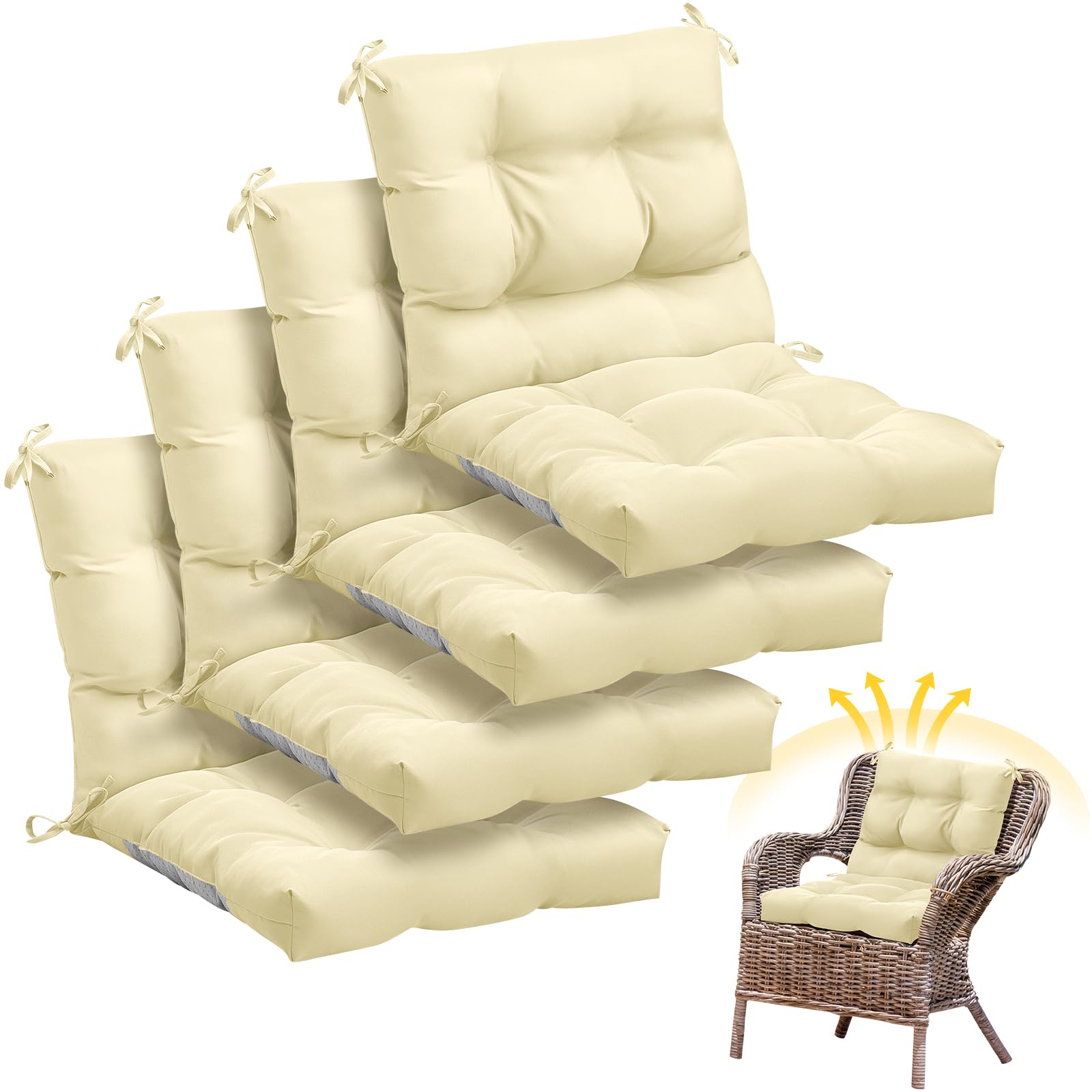 Marsui 4 Pcs Outdoor Indoor High Back Chair Cushions Patio Furniture Tufted Pillow With Ties All Weather Replacement Outdoor Roc