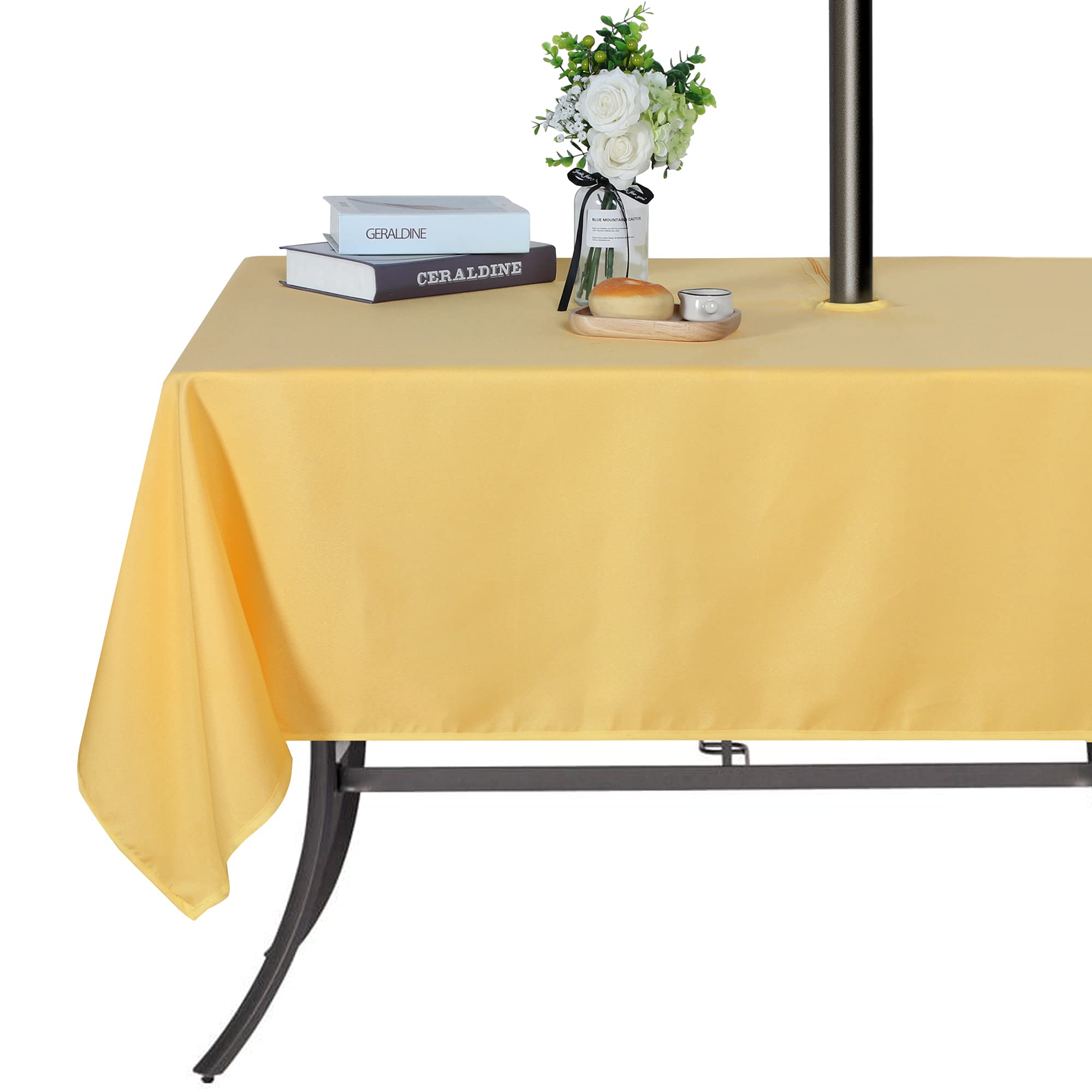 Saraflora Outdoor And Indoor Tablecloth -60X120 Inch Yellow, Wrinkle Free Washable Waterproof Table Cloth With Umbrella Hole And Zipper Rectangle Table Cover For Spring/Summer/Patio/Picnic/Bbqs/Party