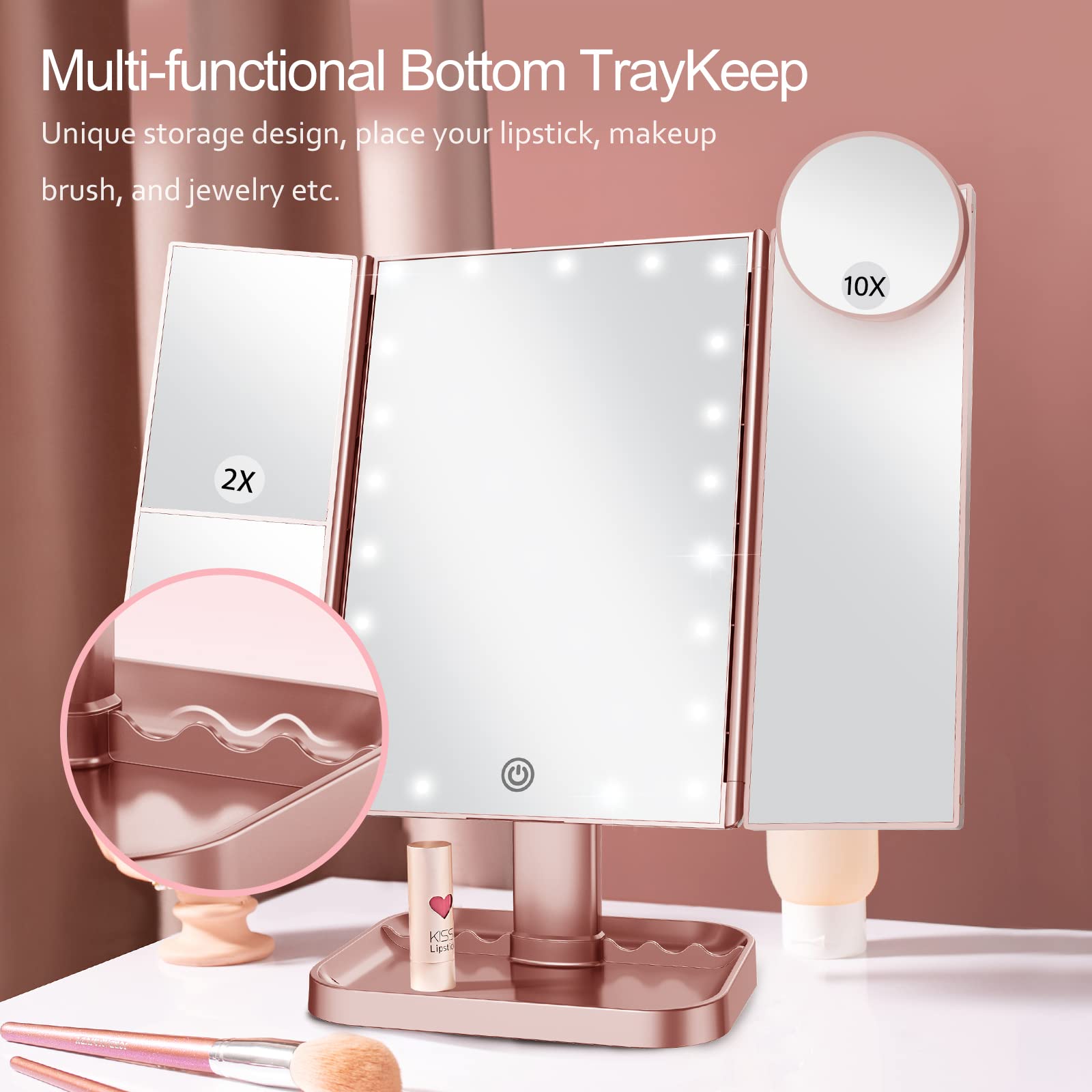 Huonul Makeup Mirror, 10X3X2X Magnification, Lighted, Touch Control, Trifold, Dual Power Supply, Portable Led, Women Gift