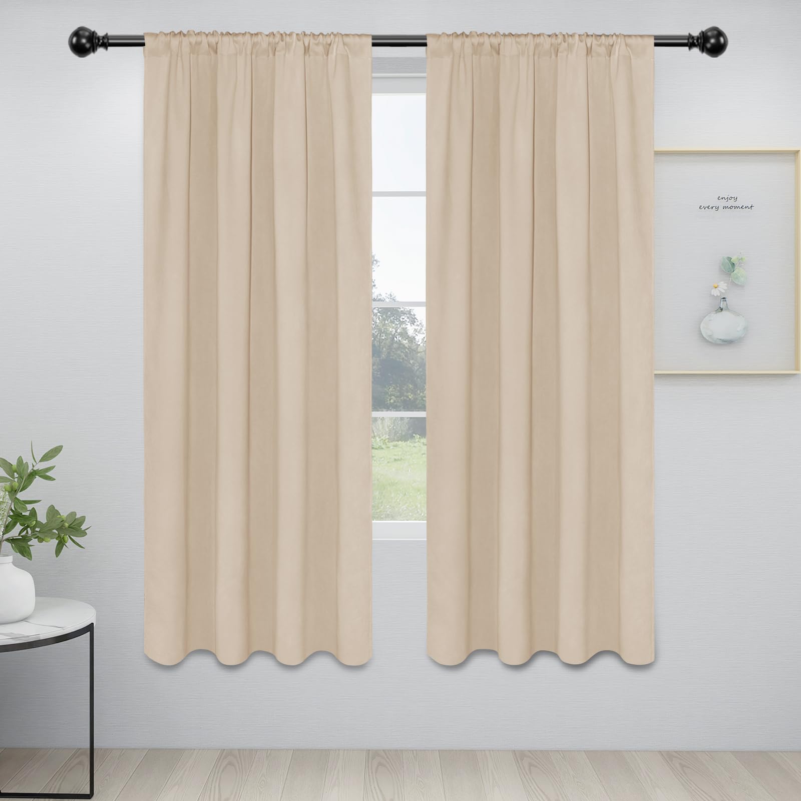 Easy-Going Rod Pocket Blackout Curtains For Bedroom, Room Darkening Window Curtains For Living Room, Thermal Insulated Noise Reduction Solid Window Drapes, 2 Panels(34X72 In, Beige)
