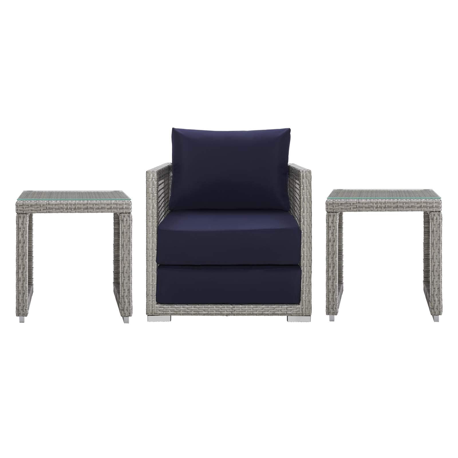 Modway Aura Outdoor Patio Wicker Rattan, Armchair And Two Side Tables, Gray Navy