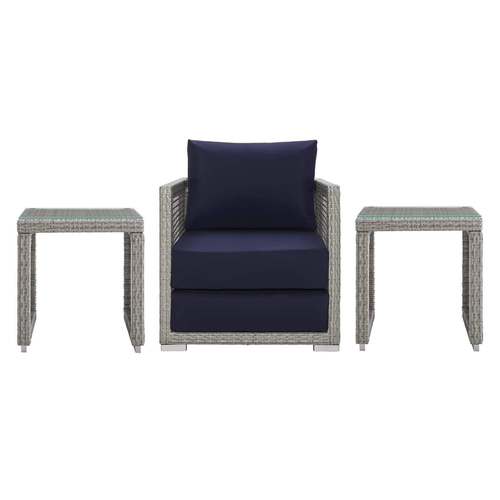 Modway Aura Outdoor Patio Wicker Rattan, Armchair And Two Side Tables, Gray Navy