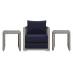 Modway Aura Outdoor Patio Wicker Rattan, Armchair And Two Side Tables, Gray Navy
