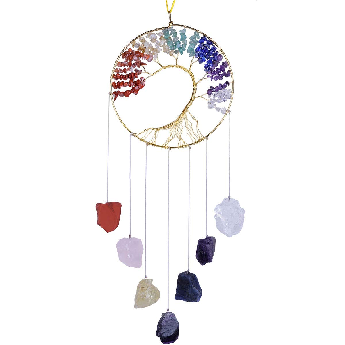 Nupuyai Tree Of Life Raw Stone Wind Chimes For Indoor Outdoor, Handmade 7 Chakra Crystal Wall Hanging Ornament For Home Window D