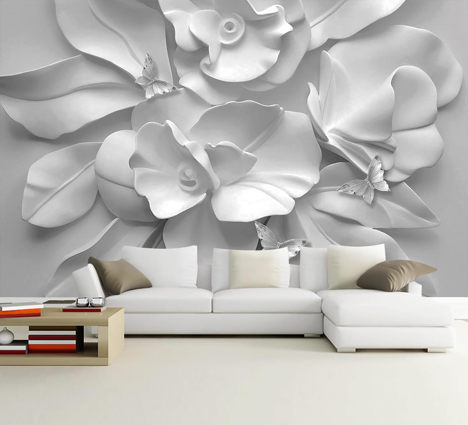 WFBHUA-3d Gray Floral Wallpaper Mural Black and White Embossed Peony Flowers Butterfly Wallpaper for Living Room Bedroom(Not Pee