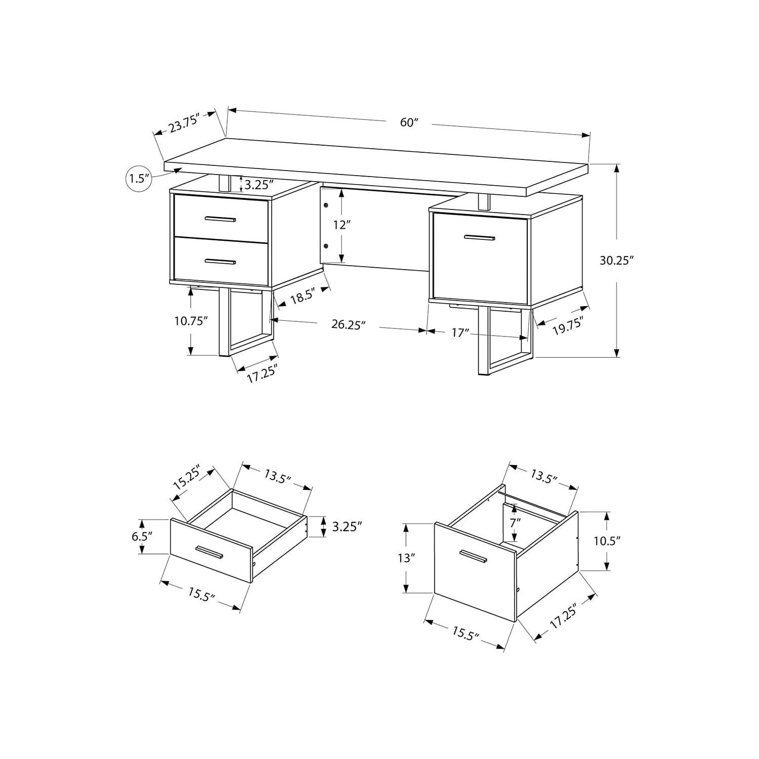 Monarch Specialties Computer Desk with Drawers - Contemporary Style - Home & Office Computer Desk with Metal Legs - 60'L (Black - Grey Top)