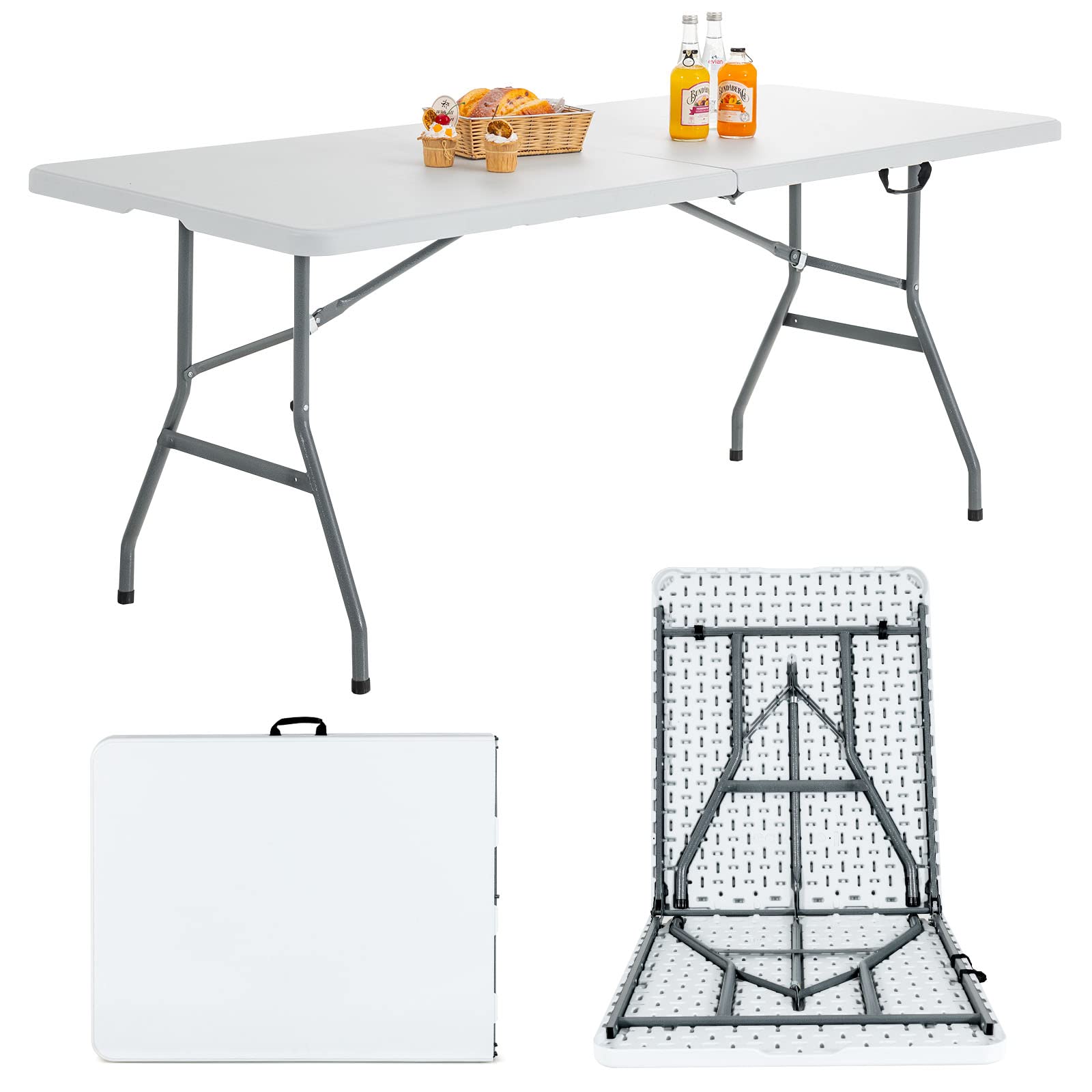 Goplus 6ft Folding Table, Indoor Outdoor Foldable Plastic Folding Tables, Heavy-Duty Rectangular Fold Up Table w/Handle, Portabl