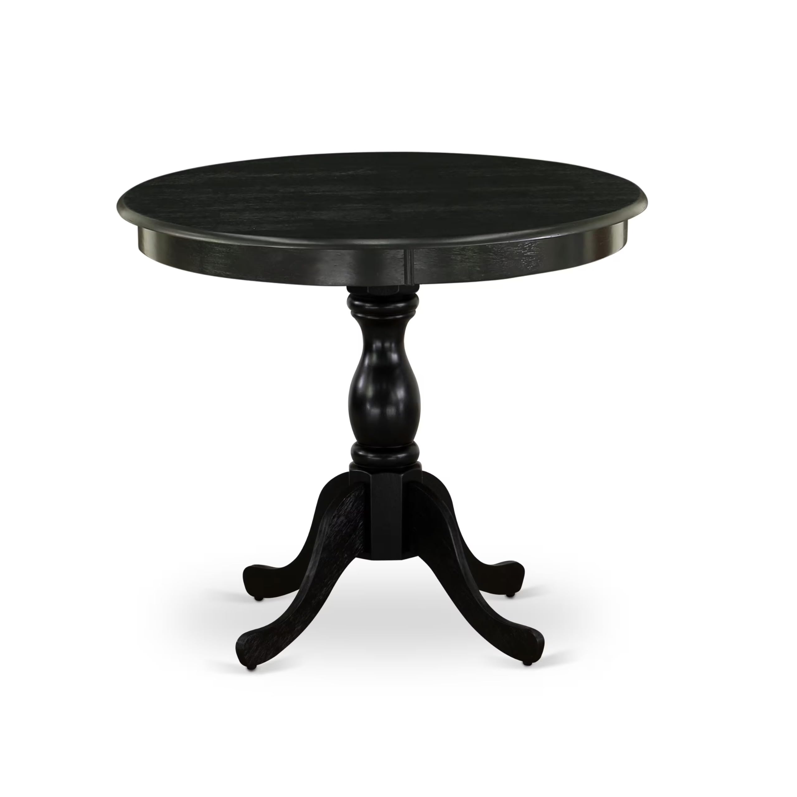 East West Furniture AMAB3-ABK-24 3 Piece Modern Dining Table Set Contains a Round Kitchen Table with Pedestal and 2 Black Color Linen Fabric Upholstered Chairs, 36x36 Inch, Wirebrushed Black