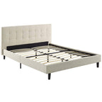 CasaFoyer  Linnea Platform Bed | Elegant Upholstered Full Bed | Tufted Headboard | Wood Legs | Slatted Support System | Beige