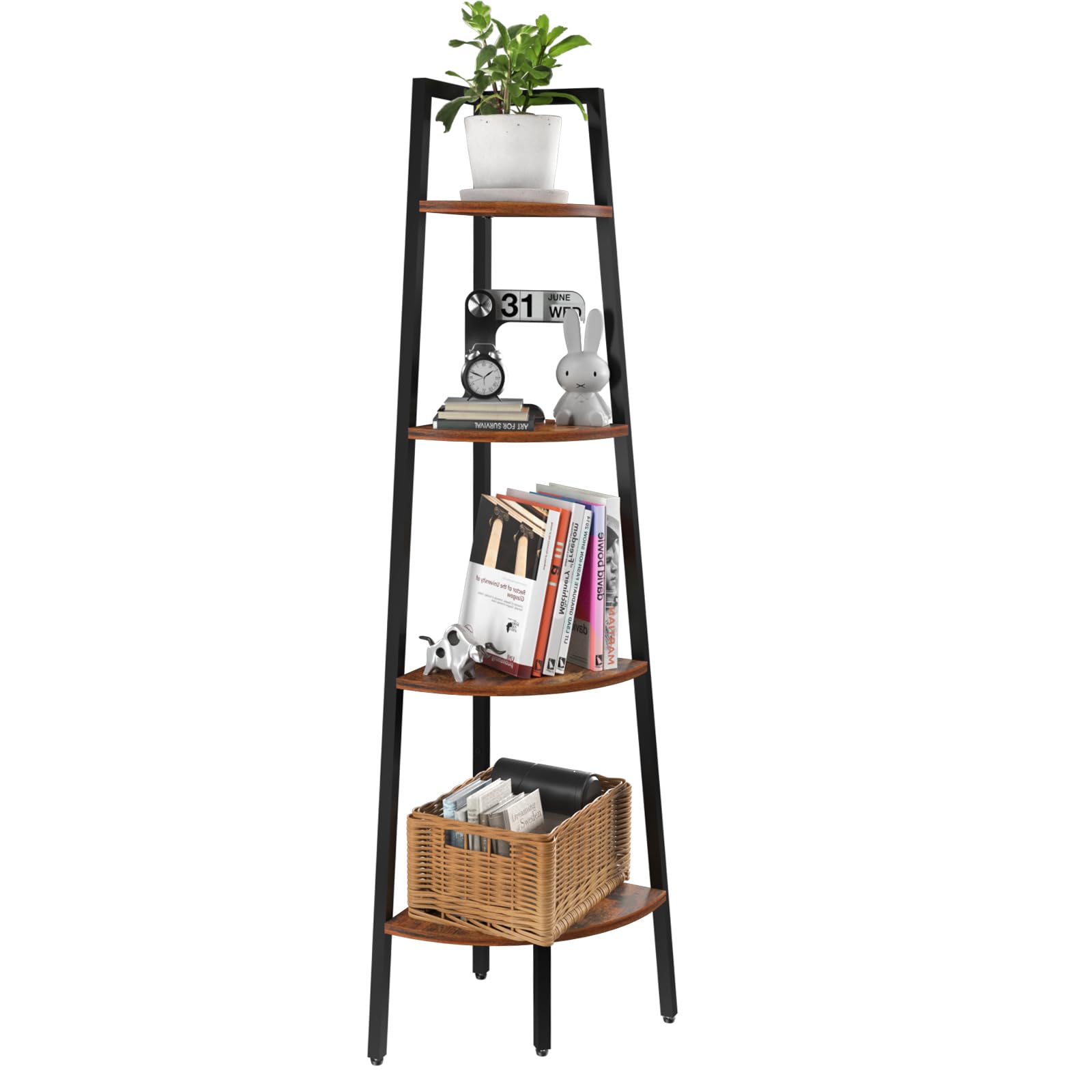 Yoobure 4-Tier Corner Bookshelf With Metal Frame - Ladder Display Shelf For Bedroom And Living Room, Tall Wood Corner Bookcase And Plant Stand
