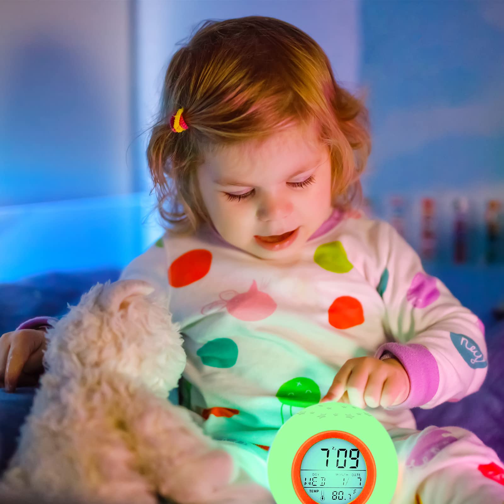 Kids Alarm Clock,Moon Stars Projector 7 Color Night Light, Children Sleep Trainer Alarm Clock, Kids Wake Up Light Alarm Clock Ai