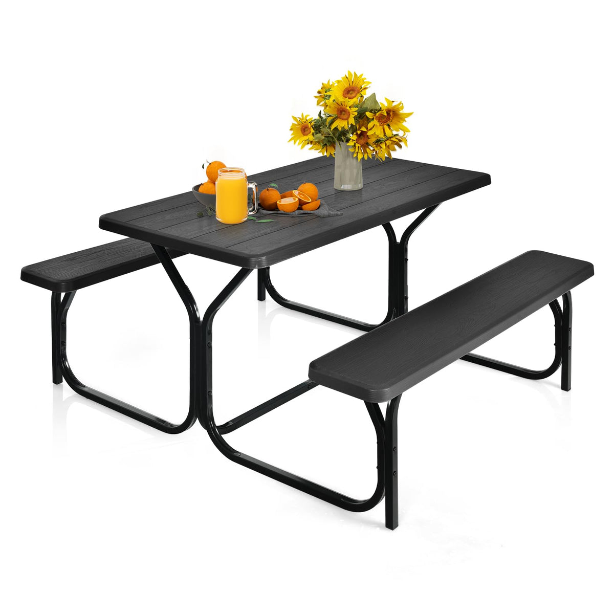 Medimall Picnic Table, Portable Picnic Tables With Benches, Plastics Picnic Table Bench Set With Metal Frame & All Weather Tabletop, Large Camping Picnic Table For Outdoors, Backyard, Garden (Black)