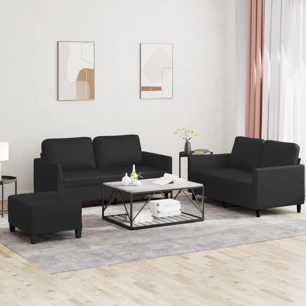 vidaXL 3 Piece Sofa Set with Cushions - Black Faux Leather - Modern, Sleek Design, Comfortable Seating and Versatile Footstool, Stain-Resistant and Easy to Clean