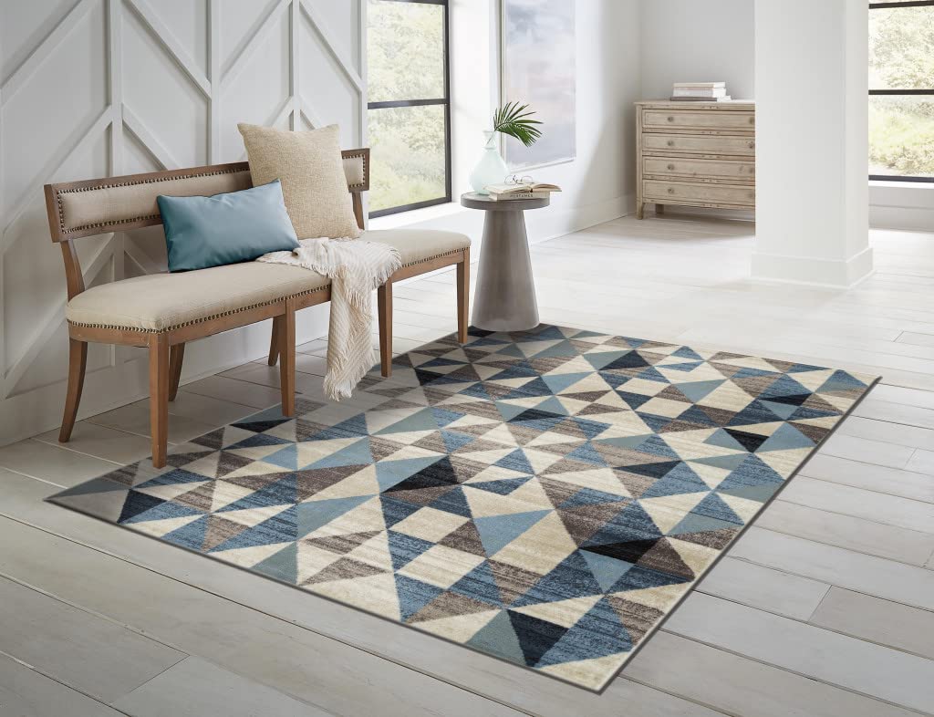 HomeRoots Heat-Set Polypropelene 3’ x 5’ Blue Beige Nested Diamonds Modern Area Rug