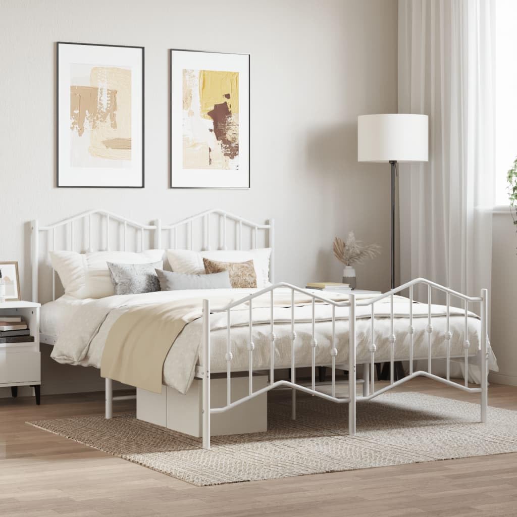vidaXL White Metal Bed Frame with Headboard & Footboard - Durable Powder-Coated Steel Construction for Bedroom, Supports 53.1&quot;x74.8&quot; Mattress Size