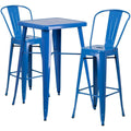 Flash Furniture Commercial Grade 23.75" Square Blue Metal Indoor-Outdoor Bar Table Set with 2 Stools with Backs