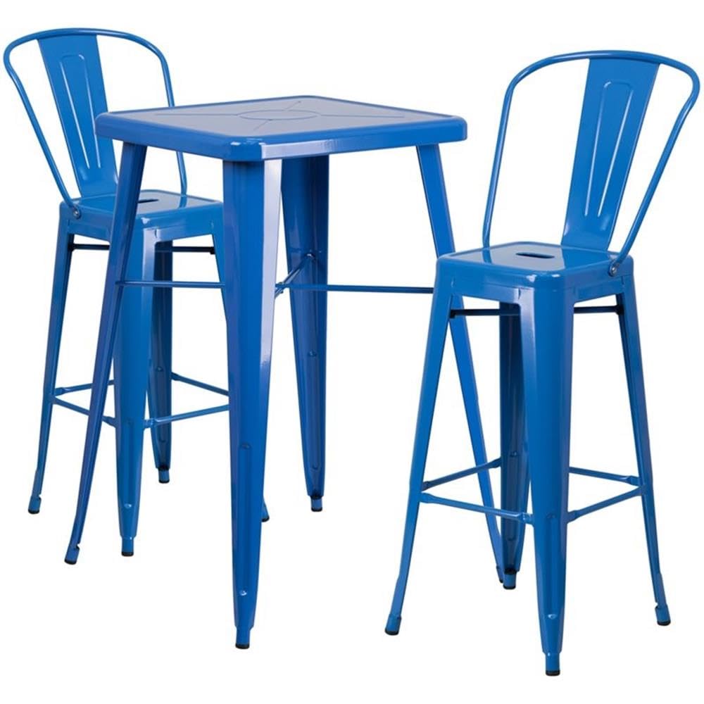 Flash Furniture Commercial Grade 23.75" Square Blue Metal Indoor-Outdoor Bar Table Set with 2 Stools with Backs