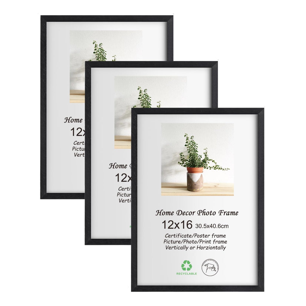 LYYYXGYP 12x16 Black Wood Picture Frame 3 Pack Wooden Photo Frame Natural Solid Wood Frame, Gallery Poster Frame with Plexiglass