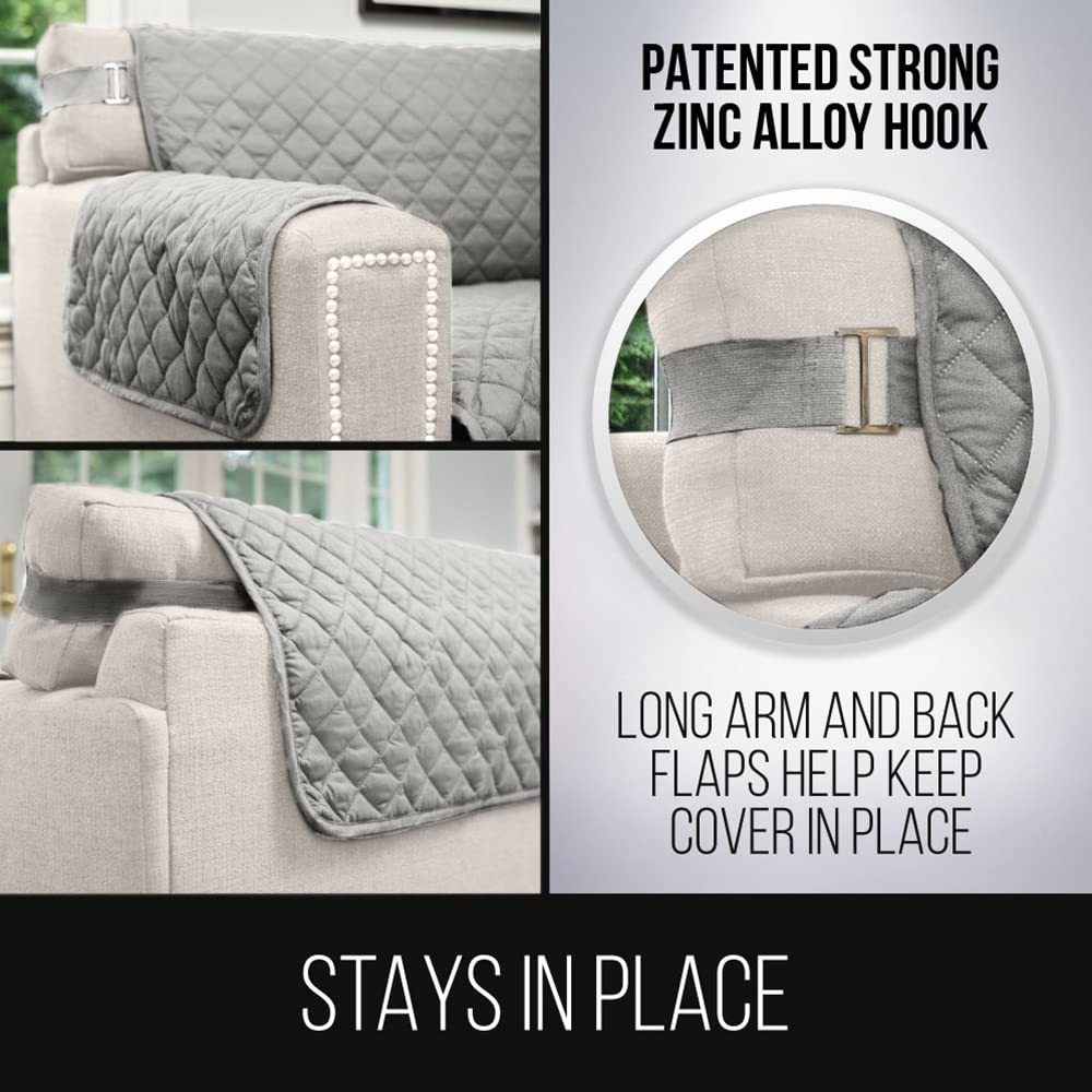 Sofa Shield Couch Slip Cover With Patented Strap, Cushion Protector, Reversible Stain And Dog Tear Resistant Slipcover, Quilted Microfiber 70” Seat, Washable Covers For Dogs Pets Kids Lt Gray Charcoal