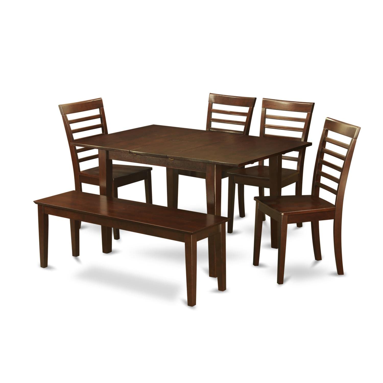 East West Furniture MILA6D-MAH-W Milan 6 Piece Room Furniture Set Contains a Rectangle Kitchen Table with Butterfly Leaf and 4 Dining Chairs with a Bench, 36x54 Inch