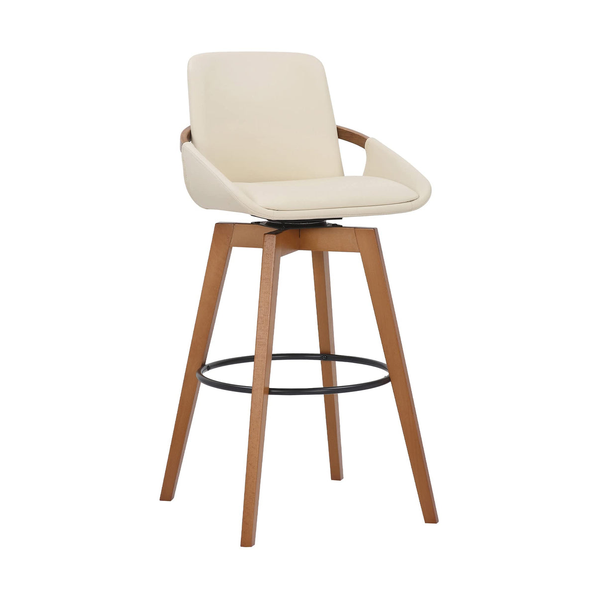 HomeRoots Metal, Wood, Faux Leather 30' Luxurious Cream Faux Leather and Walnut Swivel Bar Stool