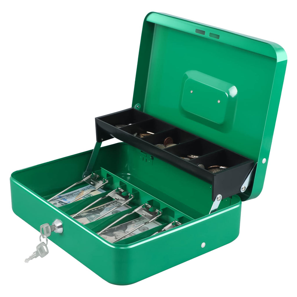 Xydled Cash Box With Money Tray And Key Lock,Tiered,4 Bill / 5 Coin Slots,11.8' X 9.5' X 3.5',Green