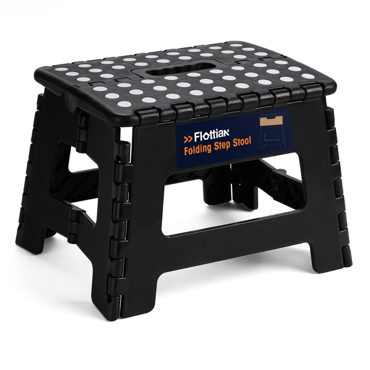 Flottian 9' Folding Step Stool For Adults And Kids Holds Up To 300 Lbs,Non-Slip Folding Stools With Portable Handle, Compact Plastic Foldable Step Stool For Bathroom,Bedroom, Kitchen Black