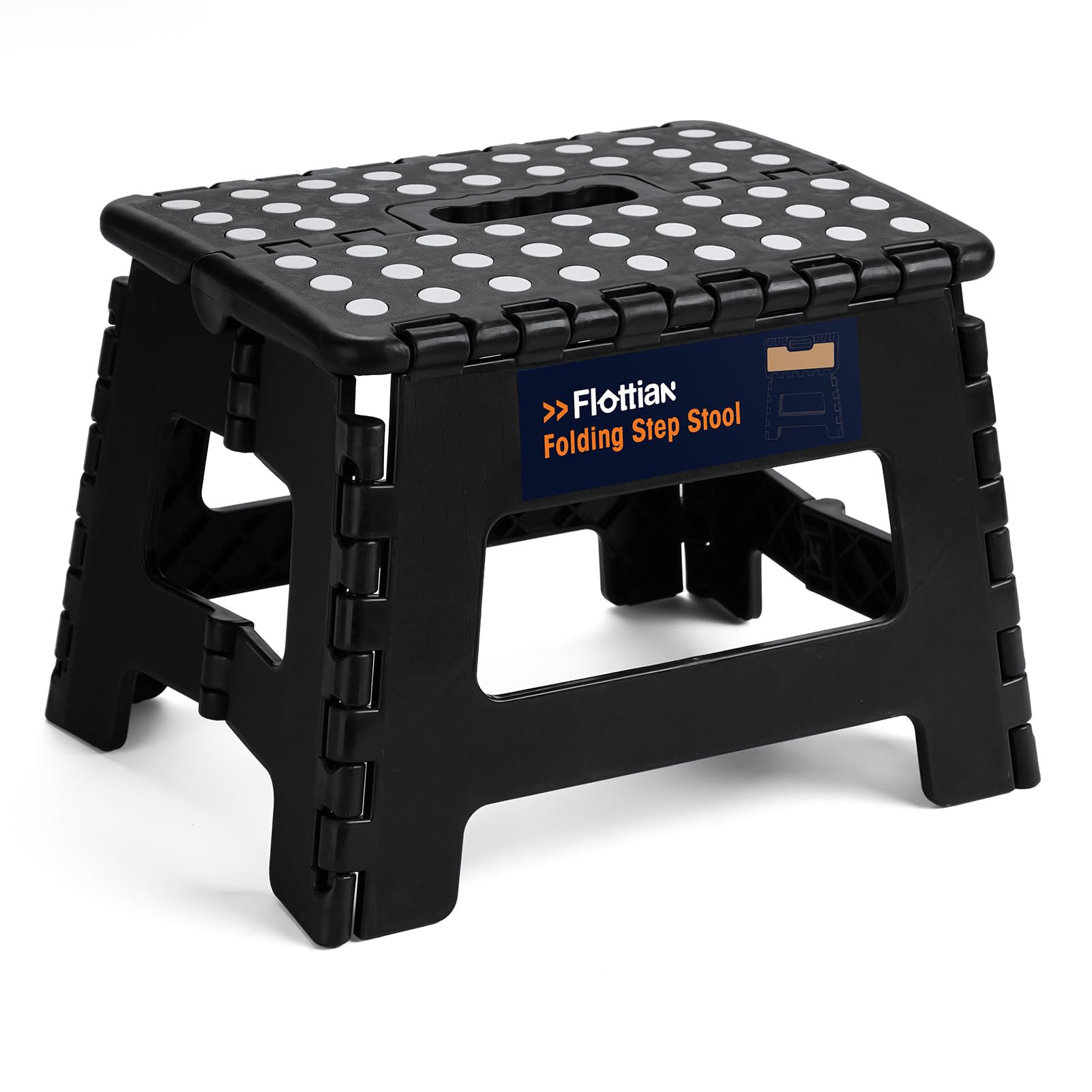 Flottian 9' Folding Step Stool For Adults And Kids Holds Up To 300 Lbs,Non-Slip Folding Stools With Portable Handle, Compact Plastic Foldable Step Stool For Bathroom,Bedroom, Kitchen Black