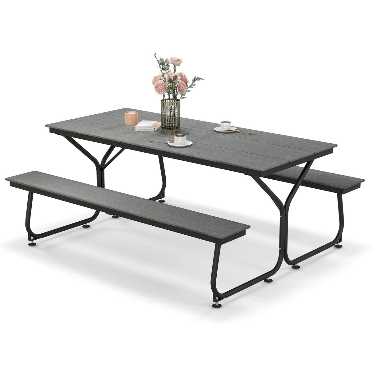 Tangkula 6 Ft Hdpe Picnic Table, Plastic Picnic Table With 2 Benches, Umbrella Hole, Heavy-Duty Metal Frame, 8 Adjustable Foot Pads, 6-8 Person Outside Table Bench Set, 2550 Lbs Capacity