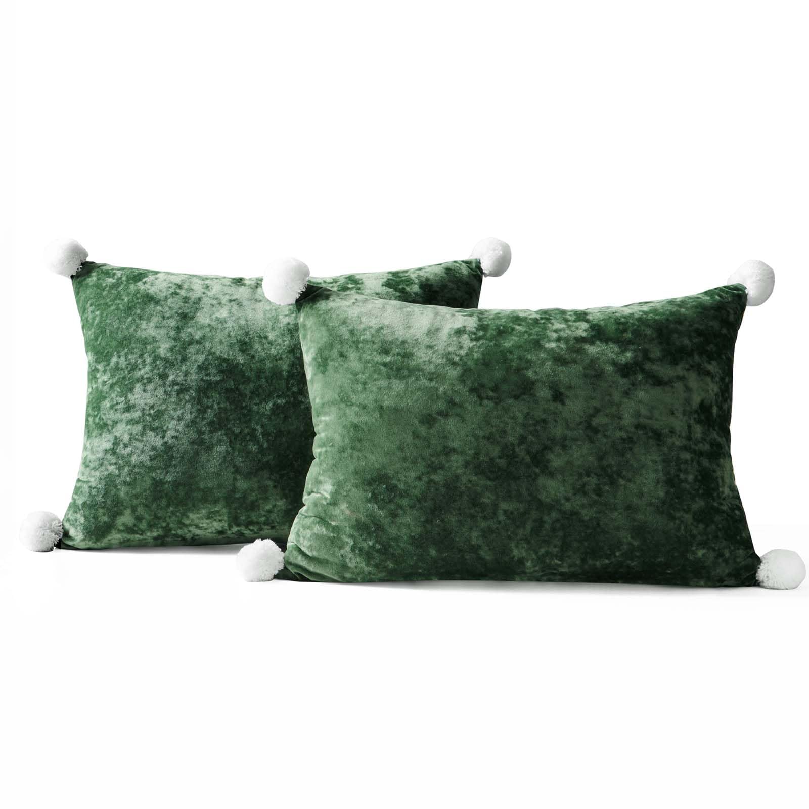 Cocoploceus Set Of 2 Green Lumbar Pillow Covers Velvet Rectangle Throw Pillow Covers With Plush Ball 14X20 Pillowcases For Bed C