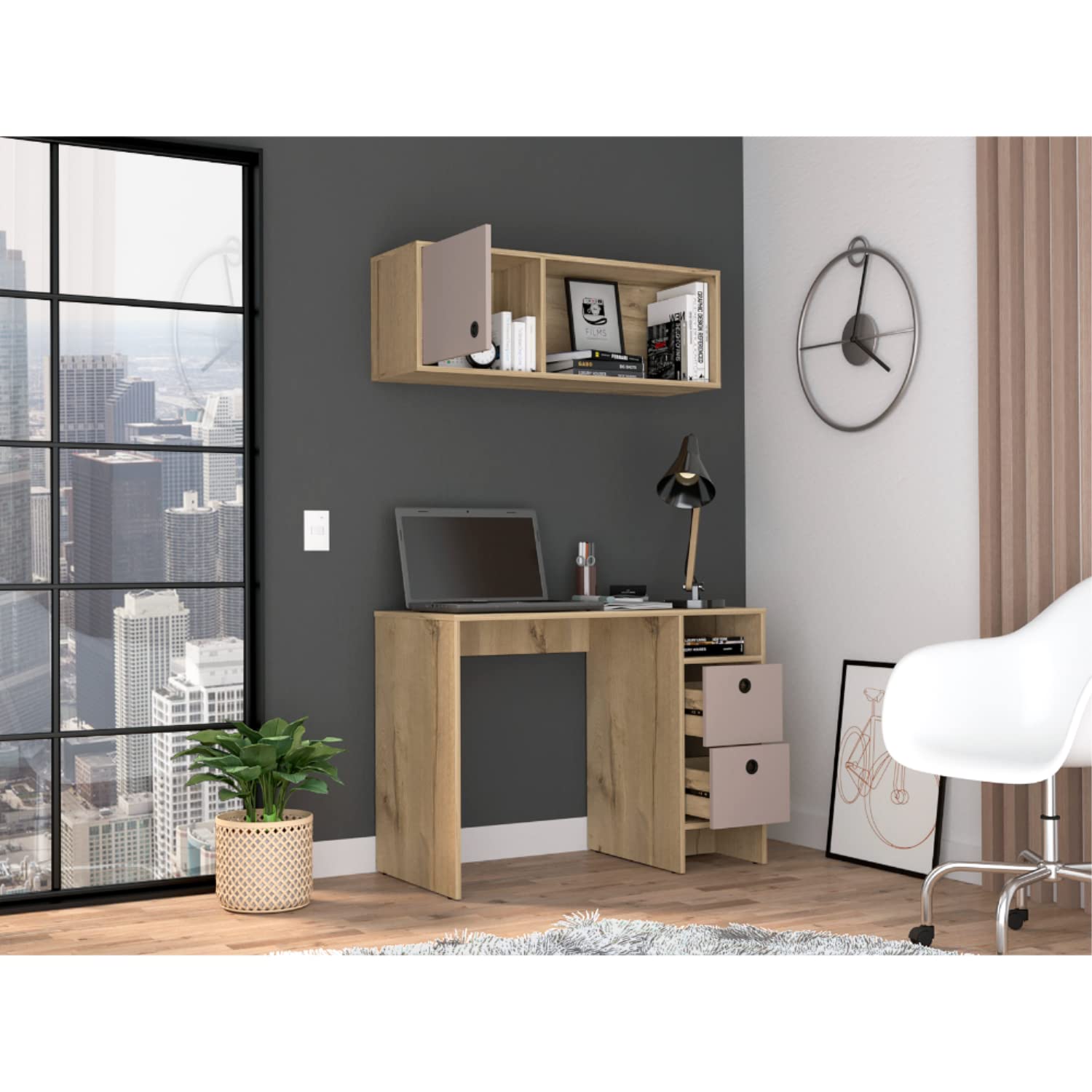 Aramis Office Set with 2 Shelves, 2 Drawers, Wall Cabinet, Single Door Cabinet, and Metal Hardware, Light Oak/ Taupe