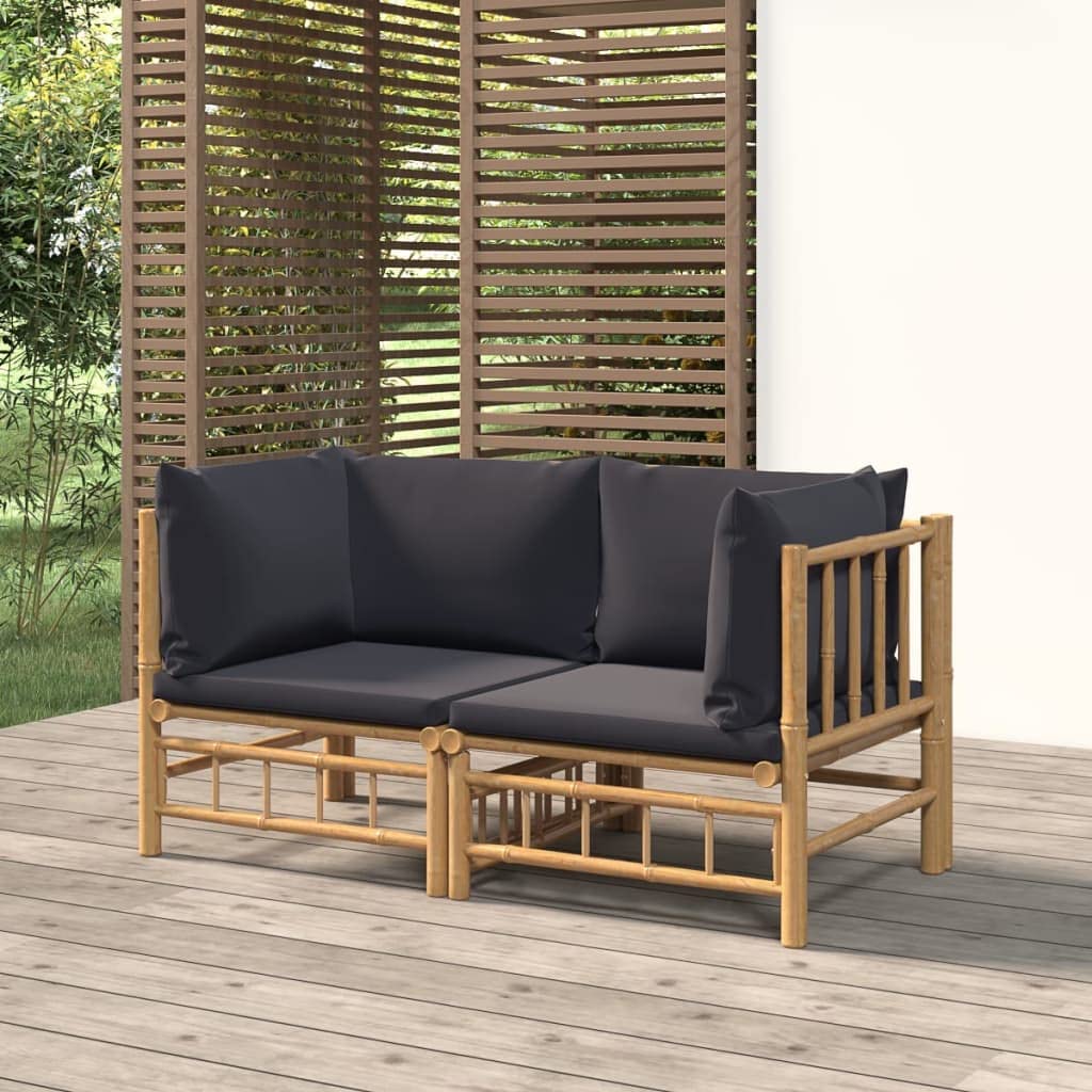 vidaXL Bamboo Corner Sofas with Dark Gray Cushions - 2 pcs Lounge Set for Garden or Patio, Outdoor, with Strong Natural Material, Flexible and Customizable Configuration