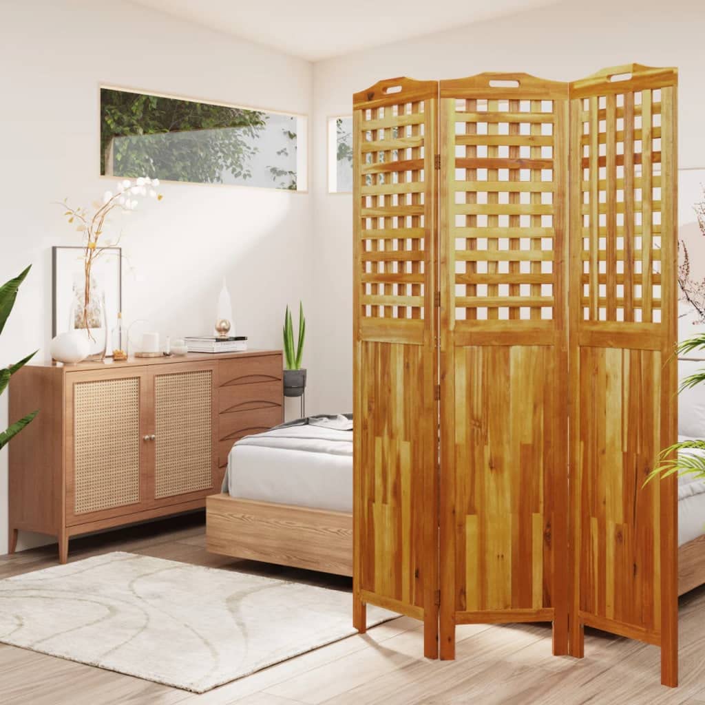 vidaXL 3-Panel Wood Room Divider, Solid Acacia, Folding and Freestanding, Natural Brown, Farmhouse Style, Functional for Bedroom or Living Room, 47.8"x0.8"x70.9", Weight 35.27 Pounds