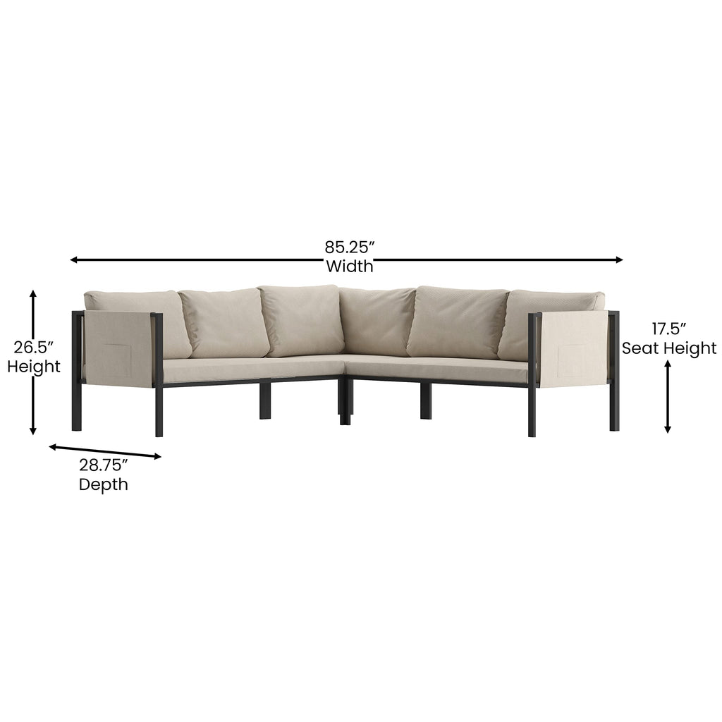 Flash Furniture Lea Indoor/Outdoor Sectional With Cushions - Modern Steel Framed Chair With Dual Storage Pockets, Black With Beige Cushions