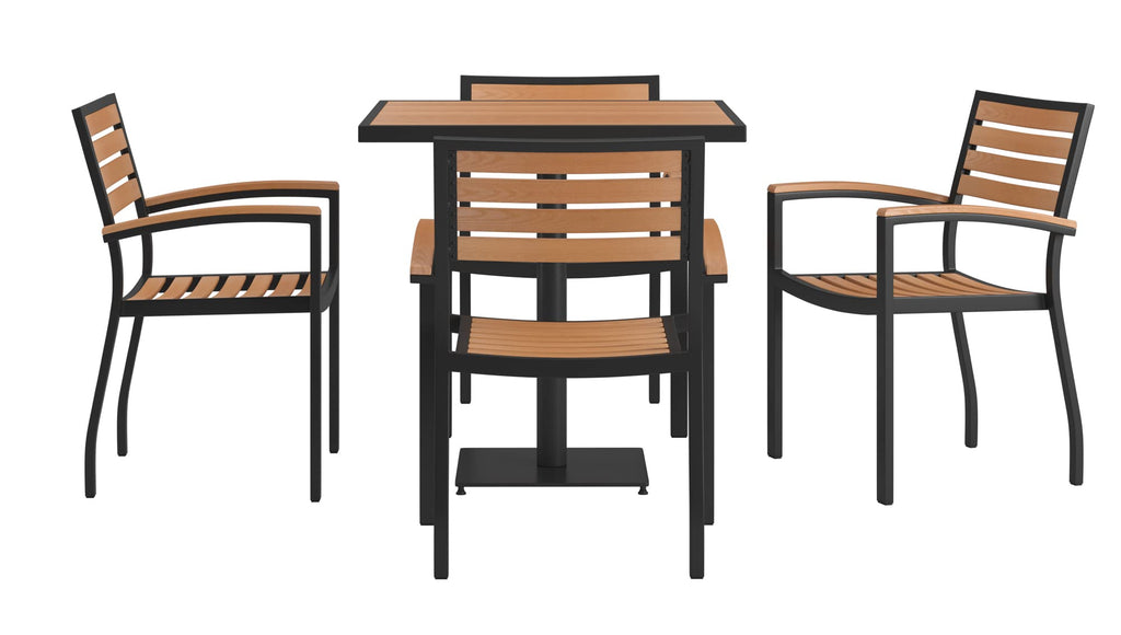 Flash Furniture 5 Piece Patio Dining Table Set - Indoor/Outdoor Black Steel Framed 30" Square Faux Teak Table - 4 Stacking Club Chairs with Teak Accented Arms