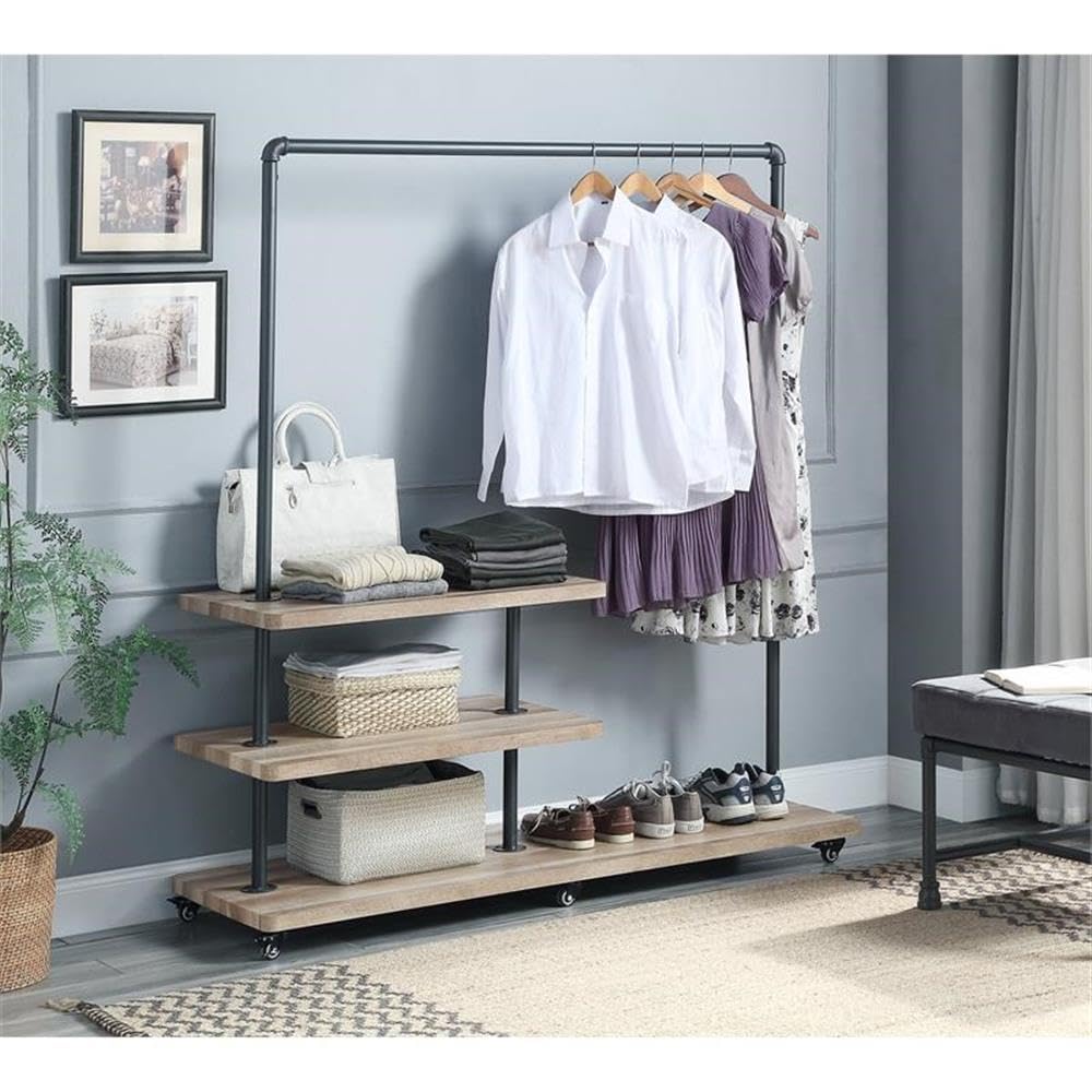 Acme Brantley Metal Hanger Rack with 3 Wooden Tier Shelf in Oak and Sandy Gray