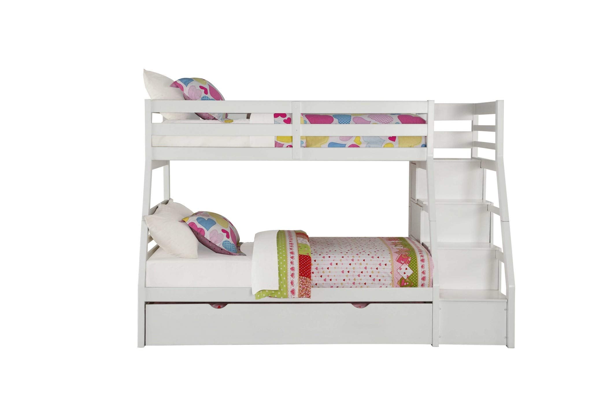 HomeRoots Pine Wood, MDF, Plywood 95 X 56 X 65 Twin Over Full White Storage Ladder and Trundle Bunk Bed