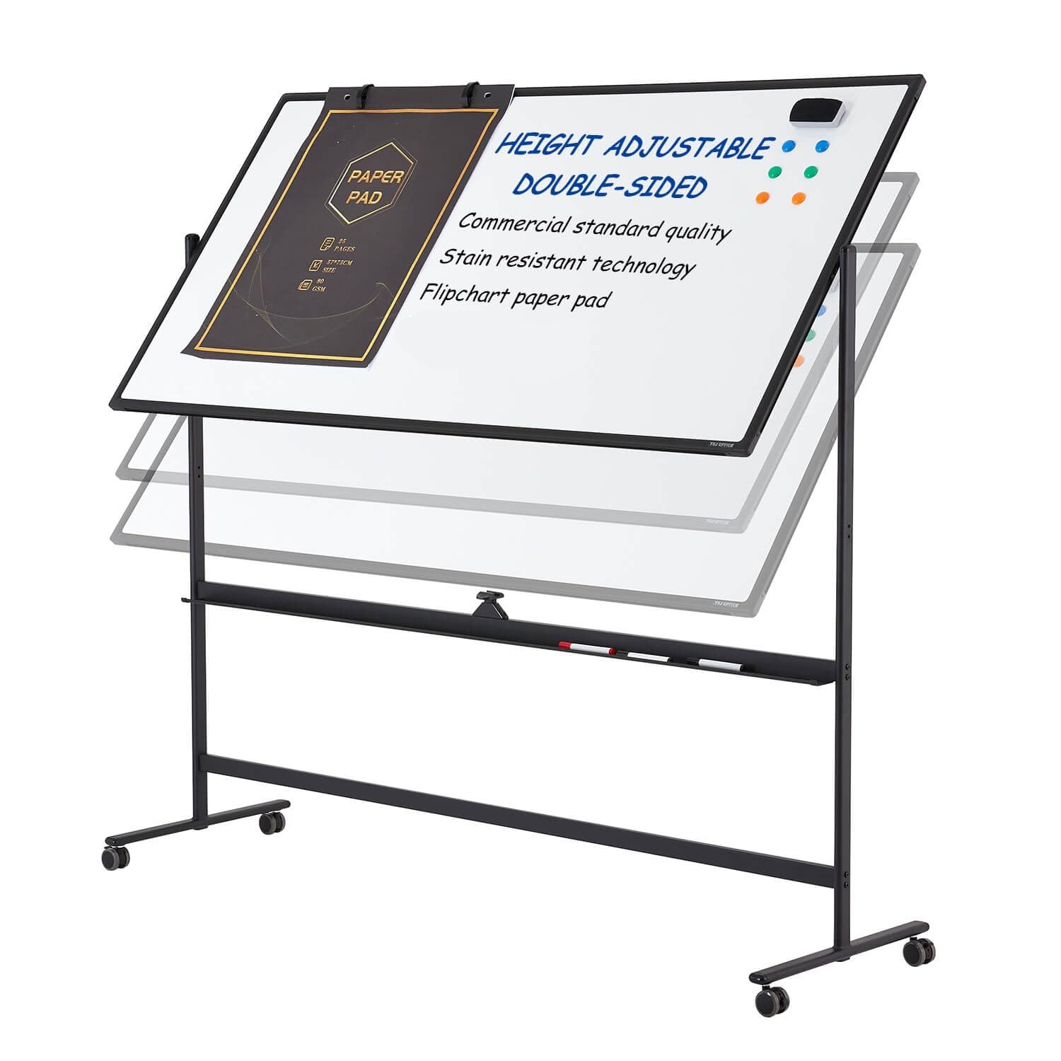 Large Dry-Erase Rolling Magnetic Whiteboard - 48 X 32 Inches Dry Erase Board With Stand Height Adjust Double Sides Mobile White