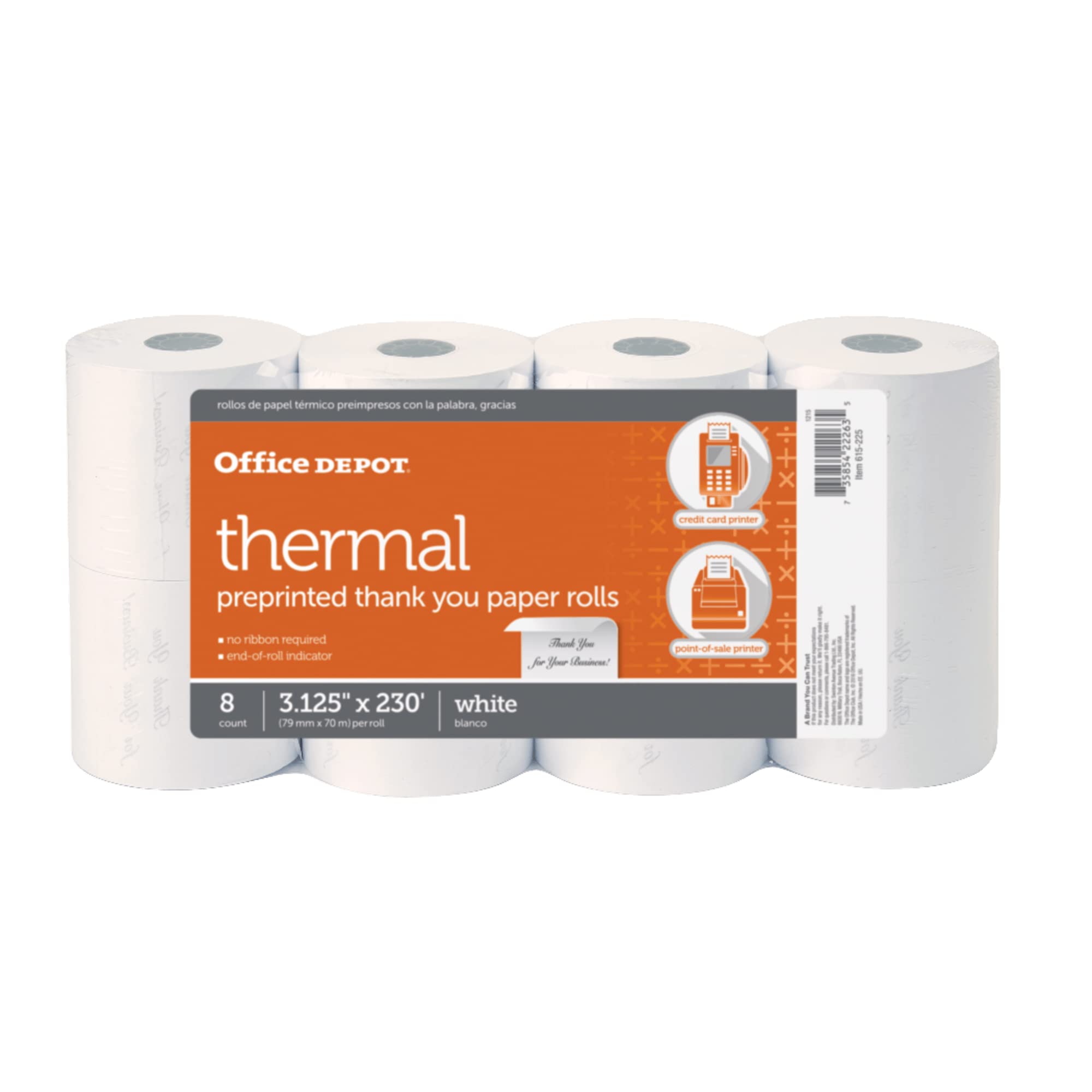 Office Depot Thermal Preprinted Paper Rolls, 3 1/8In. X 230Ft., White, Pack Of 8, 615225