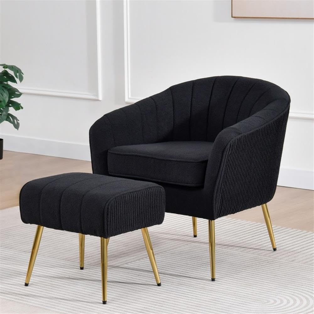Best Quality Furniture Modern Accent Chair with Ottoman Set, Black Teddy Fabric Upholstery, Gold Chrome Legs, Channel Tufted Backrest