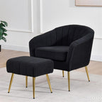 Best Quality Furniture Modern Accent Chair with Ottoman Set, Black Teddy Fabric Upholstery, Gold Chrome Legs, Channel Tufted Backrest