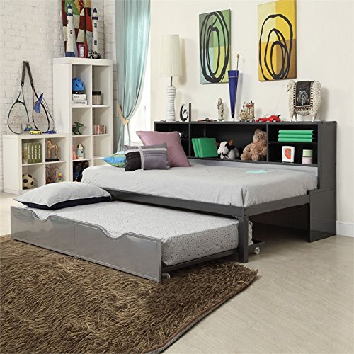 Acme Renell Metal Twin Bookcase Bed With Trundle In Black And Silver