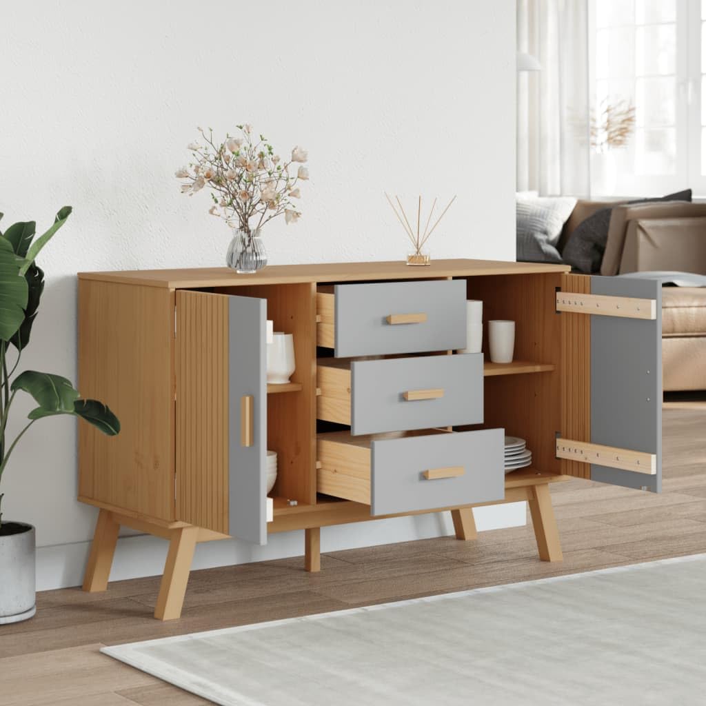 vidaXL Sideboard Olden in Gray and Brown - 44.9&quot;x16.9&quot;x28.9&quot; Solid Pine Wood with 3 Drawers and 2 Compartments, Scandinavian Storage Cabinet
