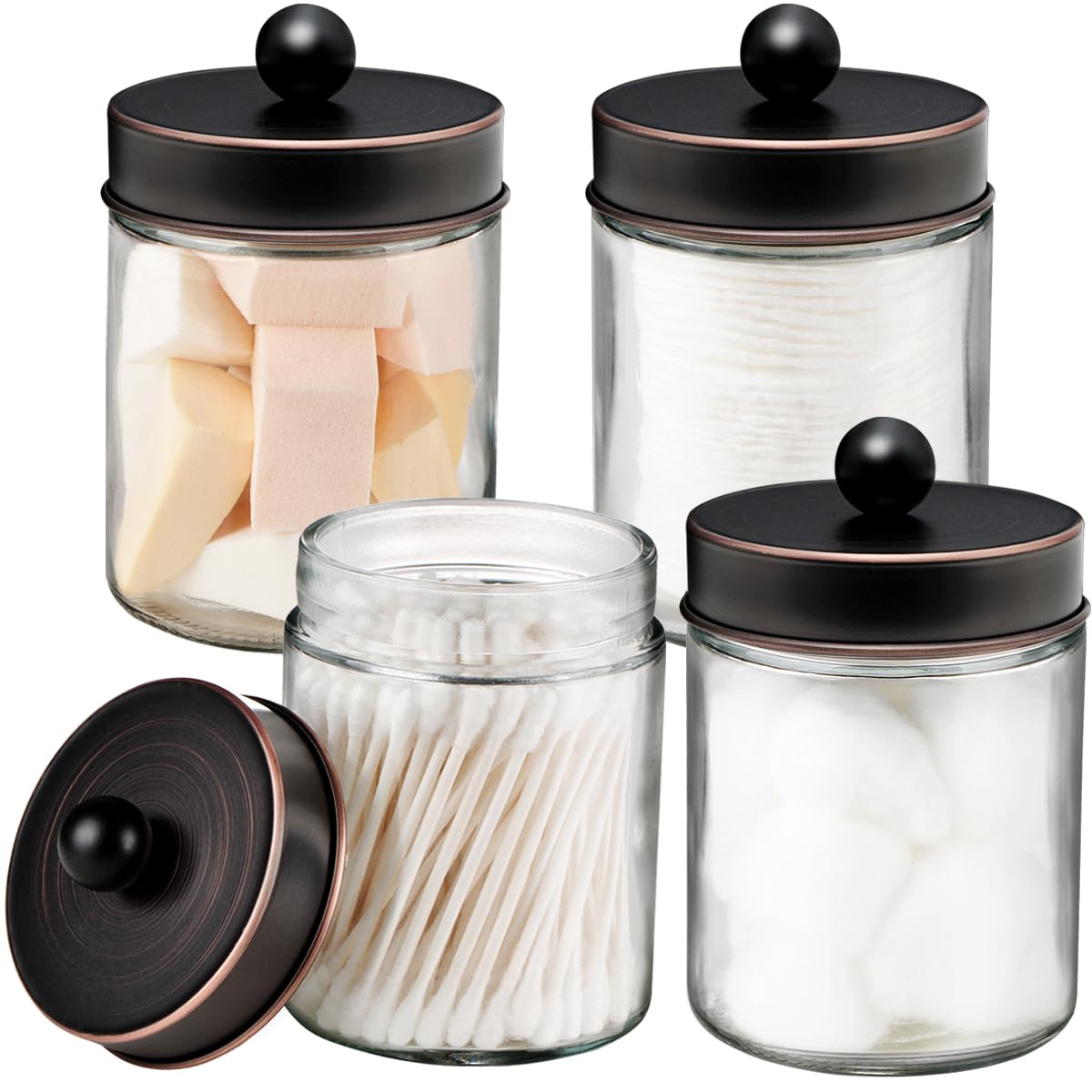 4 Pack Apothecary Jars Bathroom Vanity Storage Organizer Set-Countertop Canister with Stainless Steel Lids &Cute Stickers -Qtip 