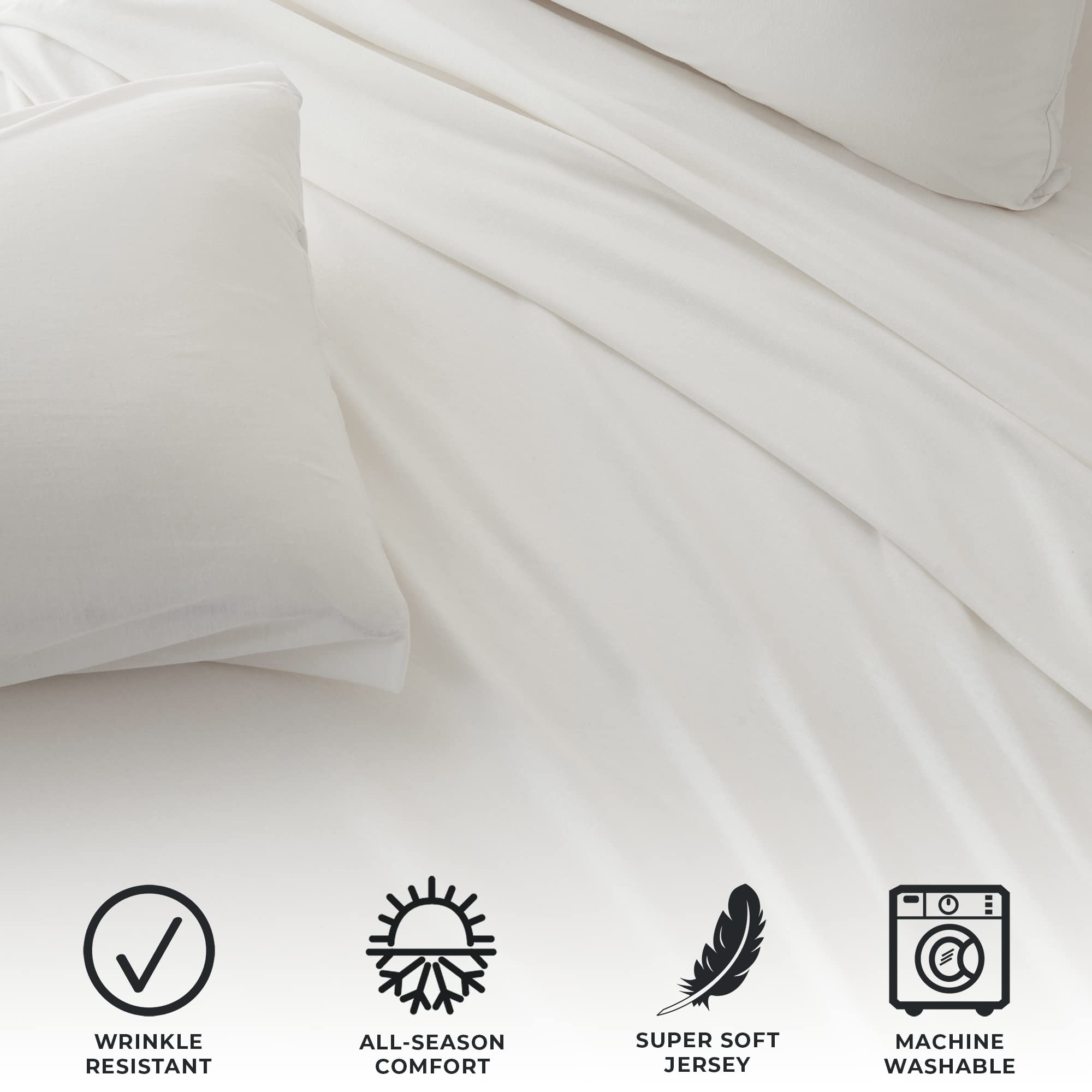 3 Piece Jersey Knit Twin Cotton Blend White Sheet Set | Ultra-Soft T-Shirt Jersey Bedding Sheets & Pillowcases | Heathered, Brea